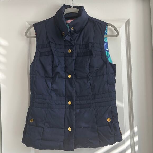 Lilly Pullitzer Women’s Kate Puffer Vest Sz XS Navy Button Down - Picture 1 of 12